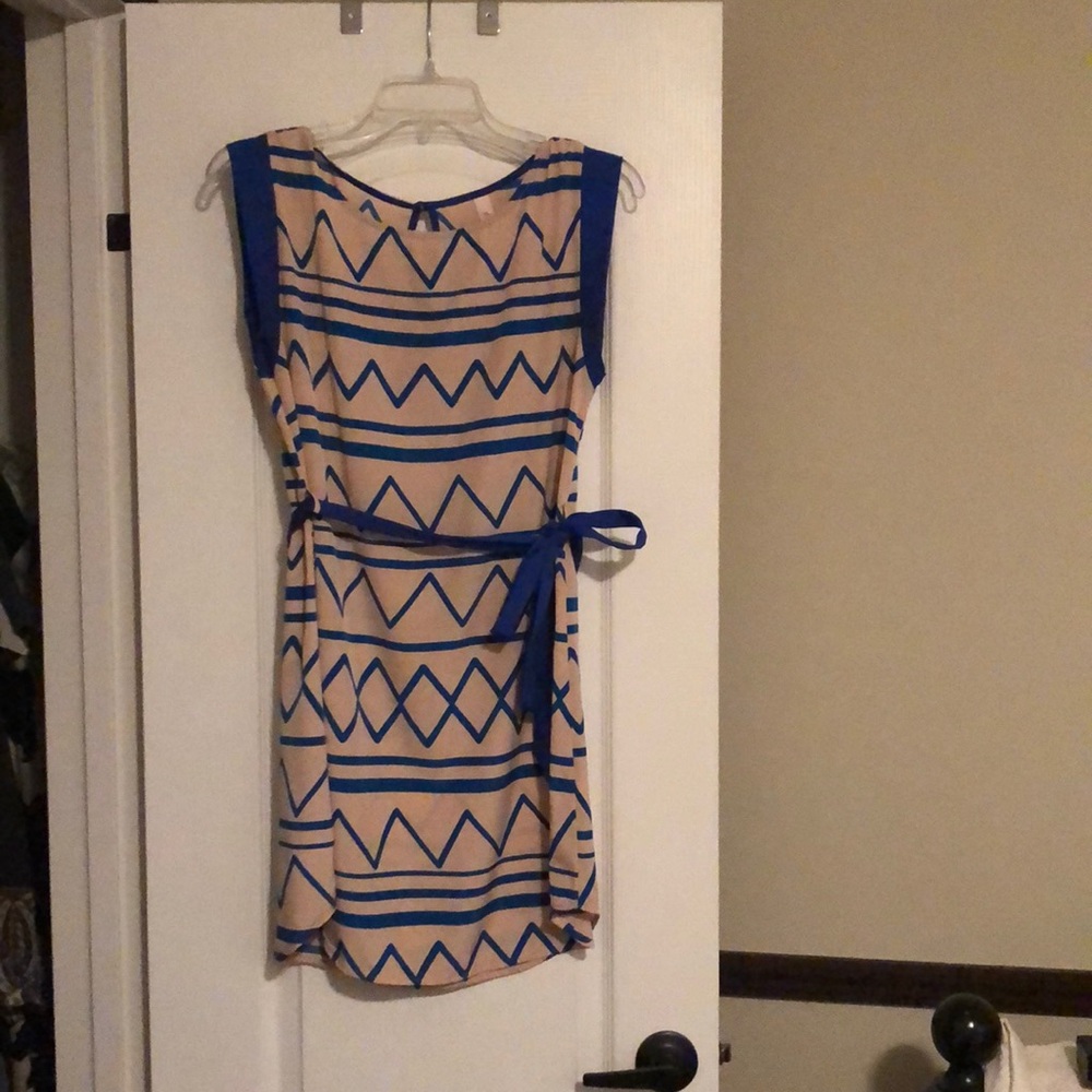 Candy Rose Blue and Tan Lightweight Belted Dress Size Small
